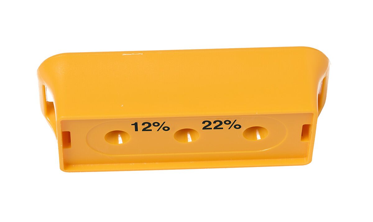 Bessemeter calibration reference block, side angle showing probe holes marked 12% and 22%.