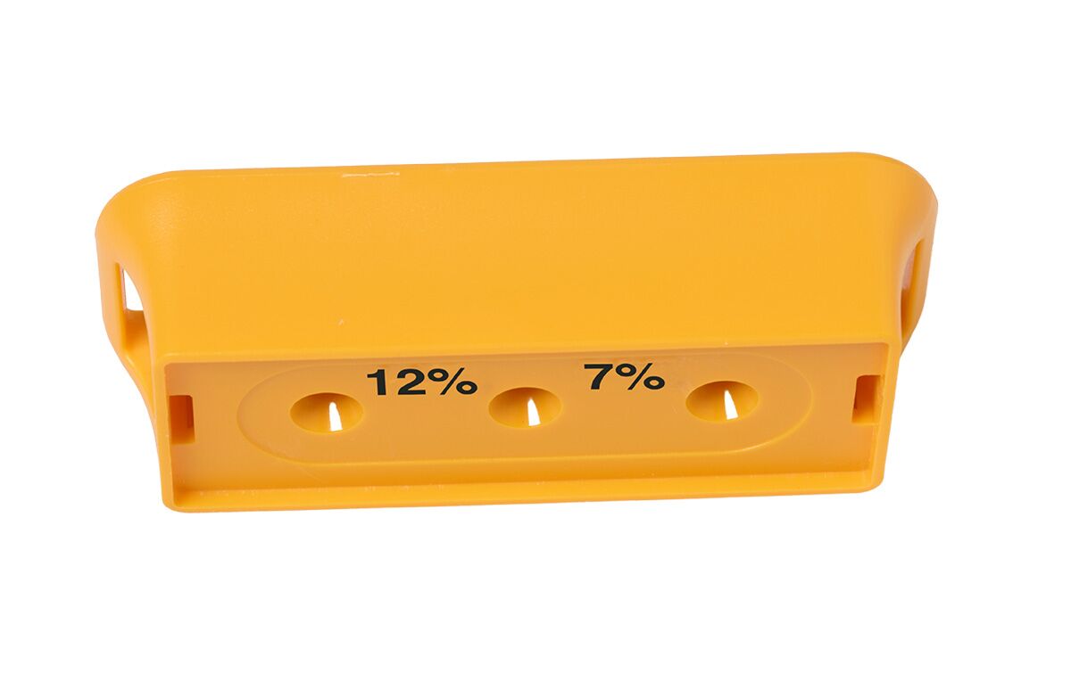 Bessemeter calibration reference block, side angle showing probe holes marked 12% and 7%.