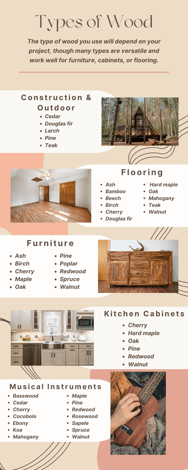 Best Wood for DIY Projects (Beginner’s Ultimate Guide) 2 Different types of wood for construction and outdoor projects, flooring, furniture, kitchen cabinets, and musical instruments