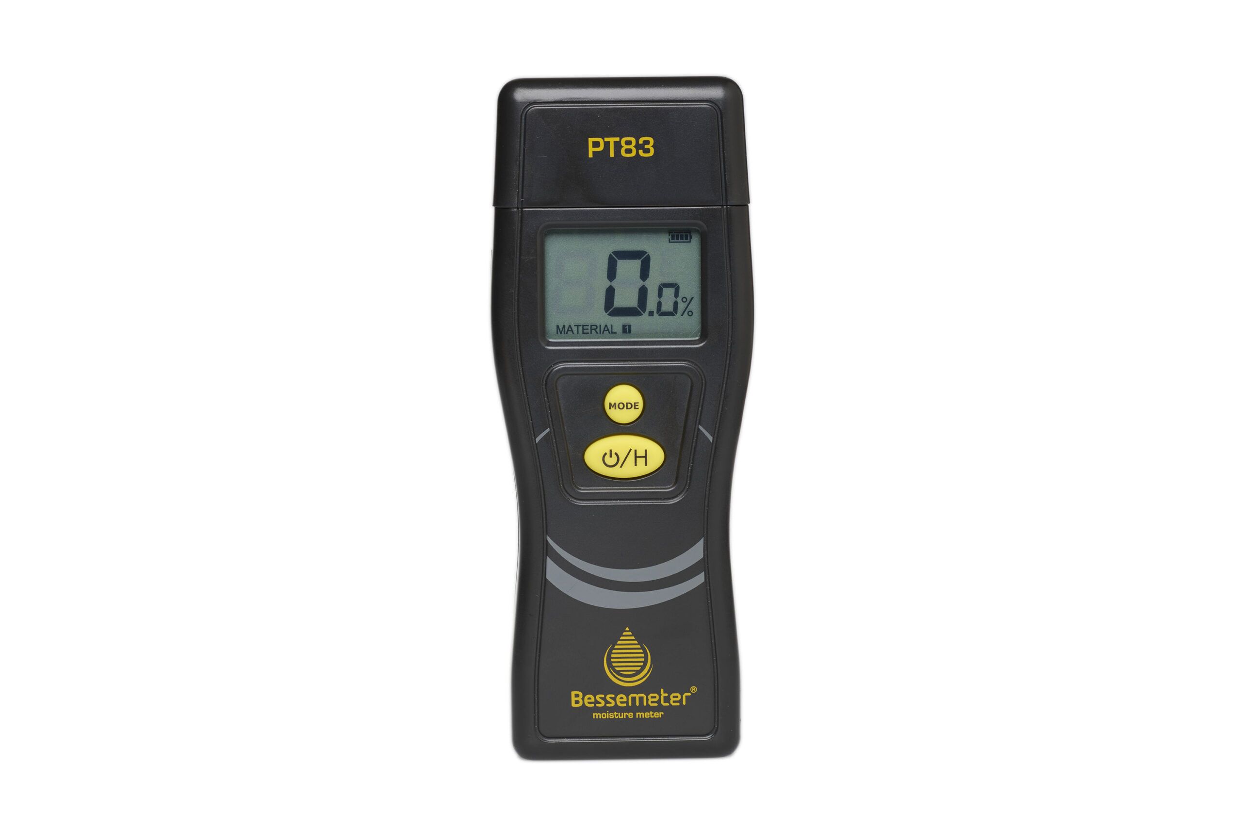 Bessemeter PT83 pin-type moisture meter front view displaying 0.0% with pins removed on a white background