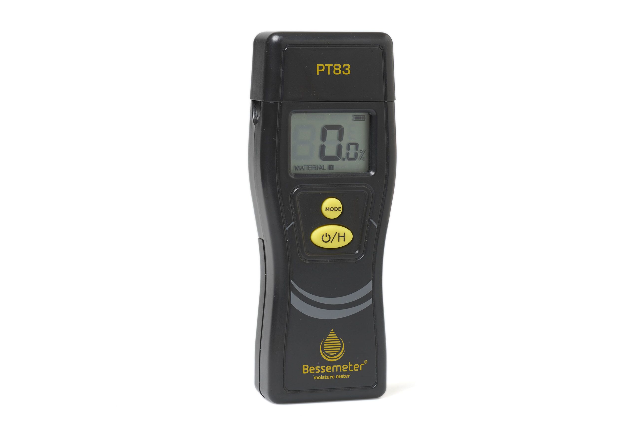 Bessemeter PT83 pin-type moisture meter angled view showing model name, LCD display, and yellow buttons on a white background