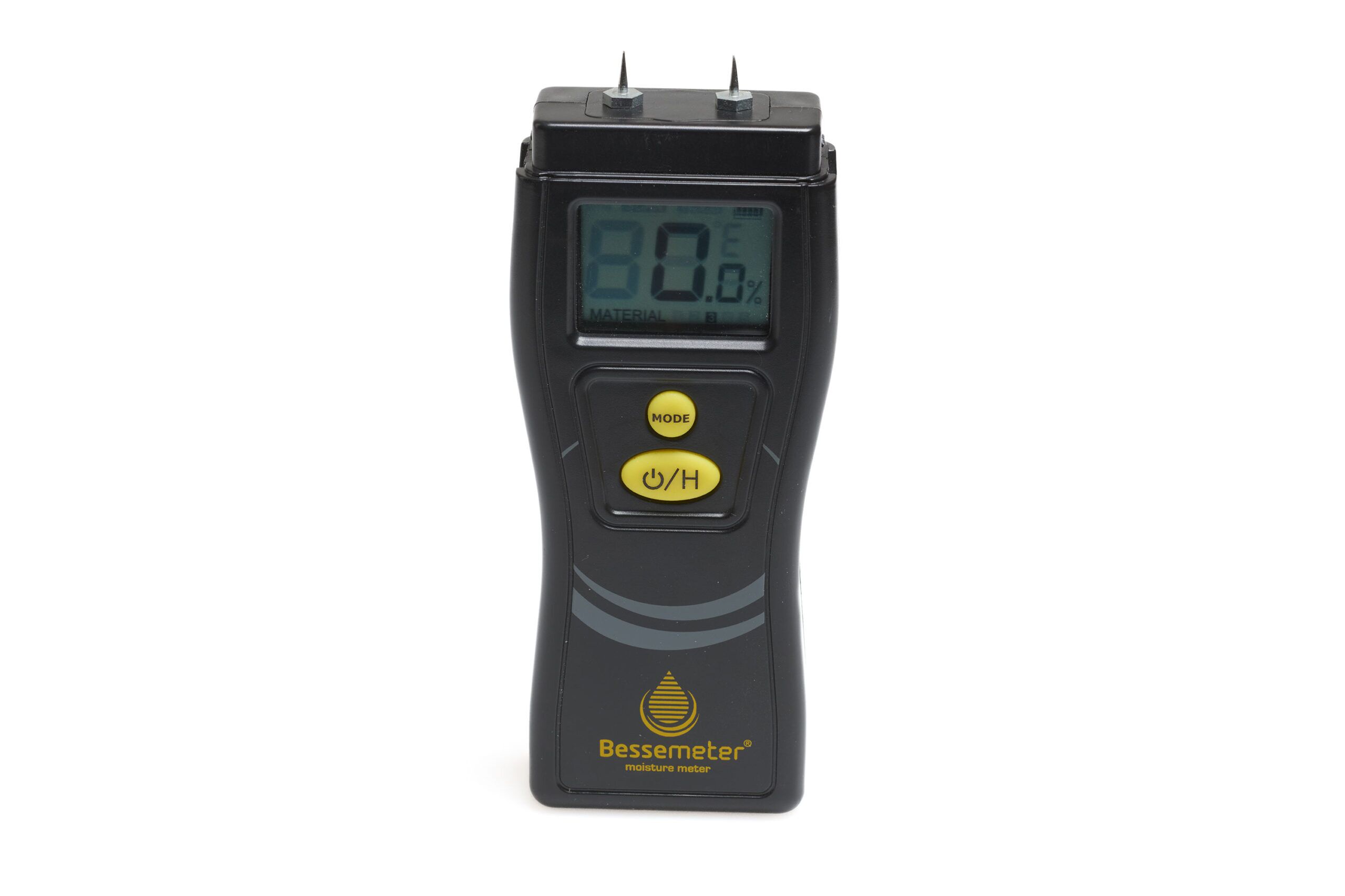 Bessemeter PT-83 pin-type moisture meter straight-on front view with LCD display and pins on a white background