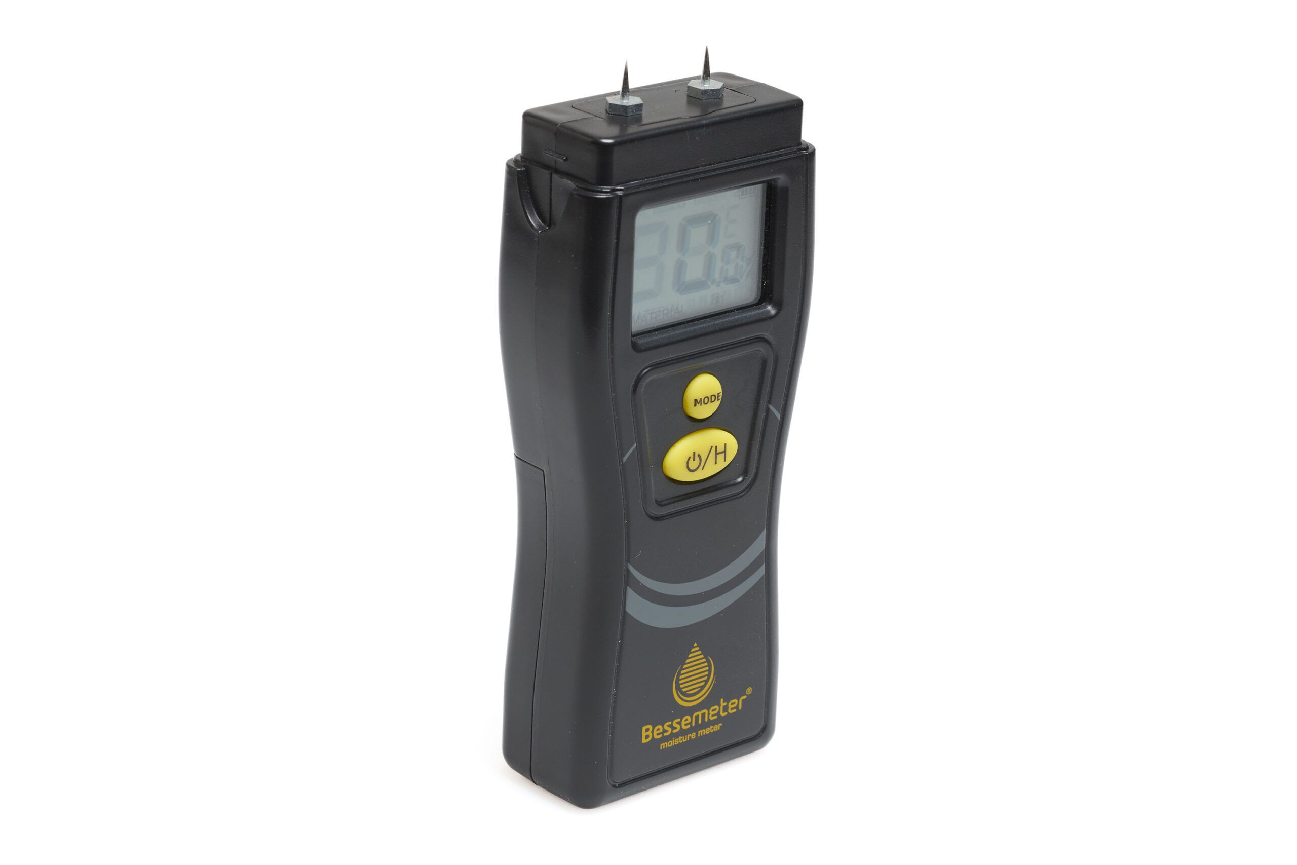 Bessemeter PT-83 pin-type moisture meter side angle view showing LCD display and yellow buttons on a white background