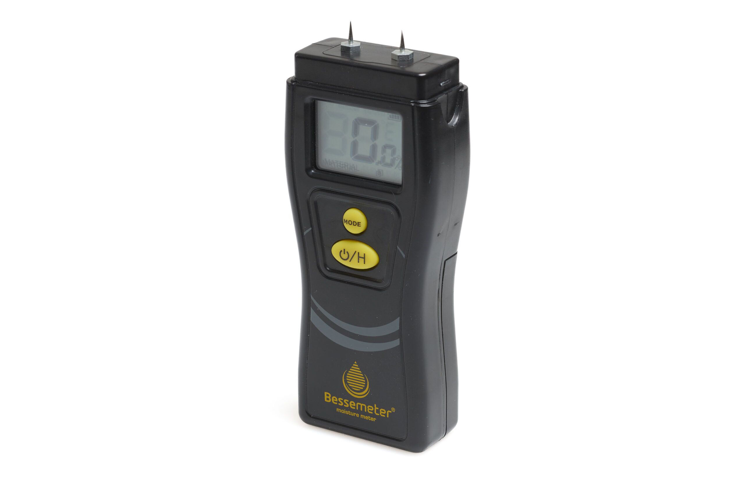 Bessemeter PT-83 pin-type moisture meter angled view showing LCD display and pins on a white background
