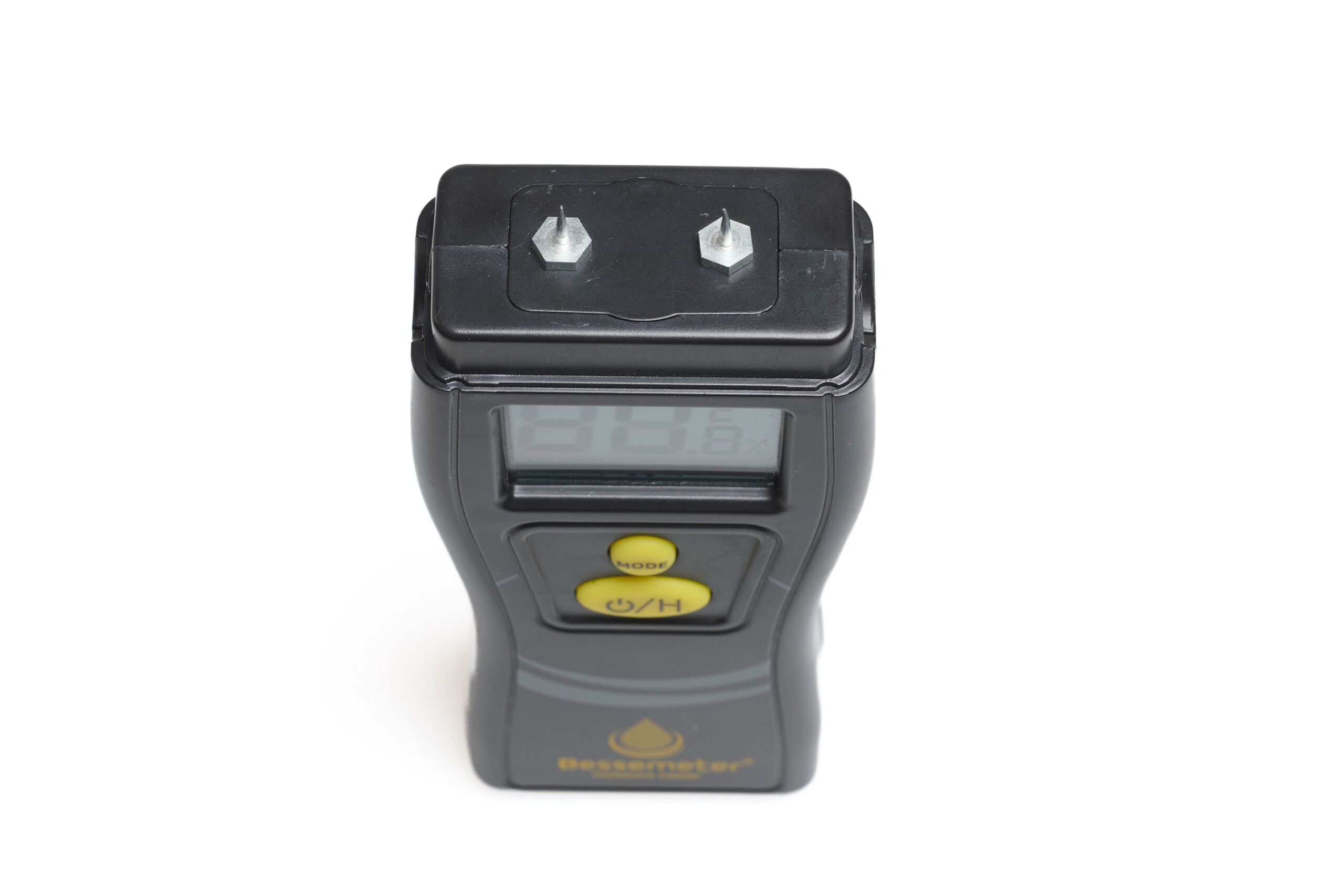 Bessemeter PT-83 pin-type moisture meter front view showing pins and display on a white background